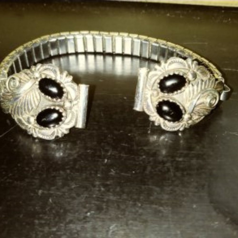 Silver and black onyx watch band